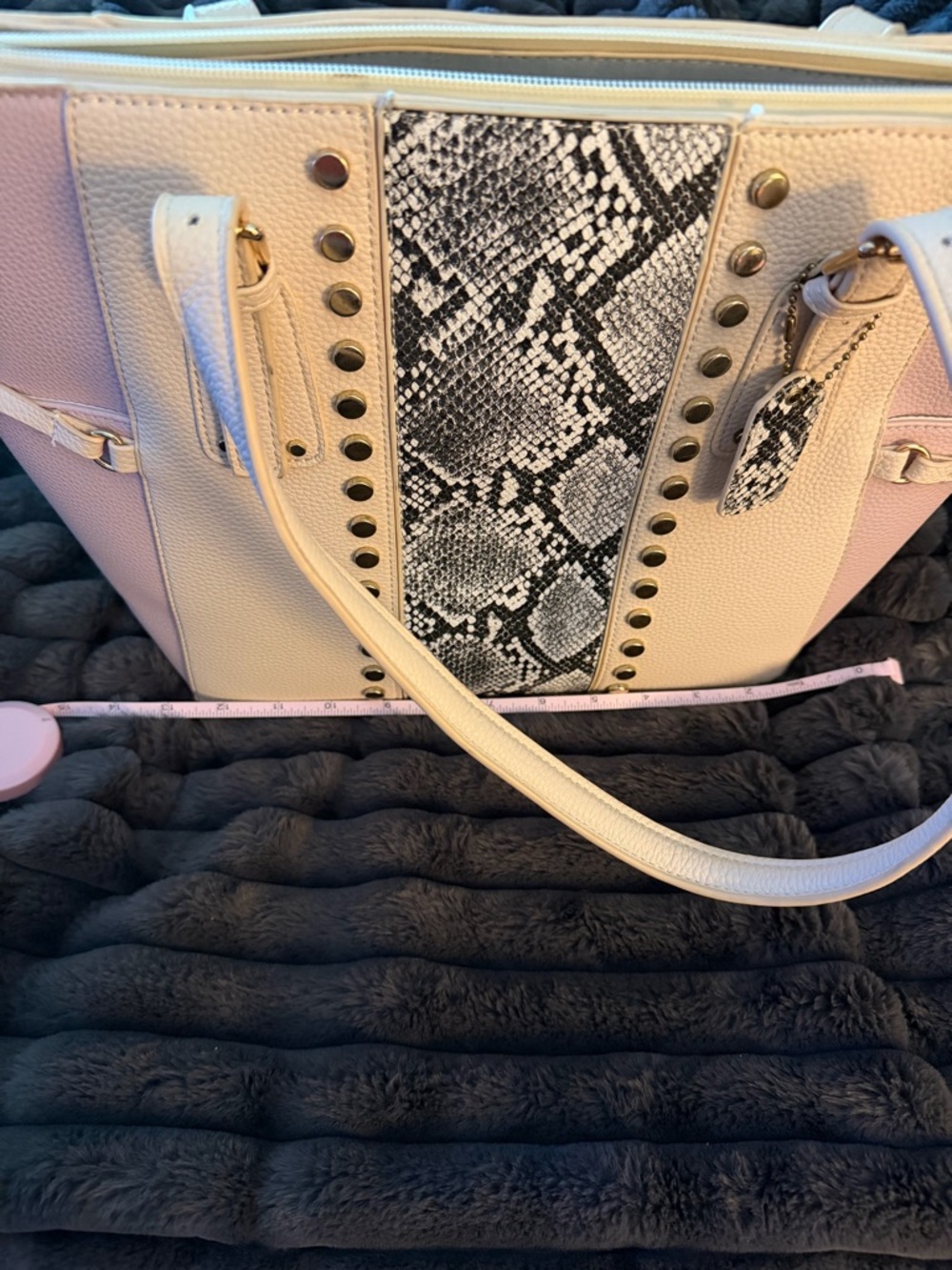 Cream Snake-Accent Shoulder Tote with Gold Studs Genuine Leather